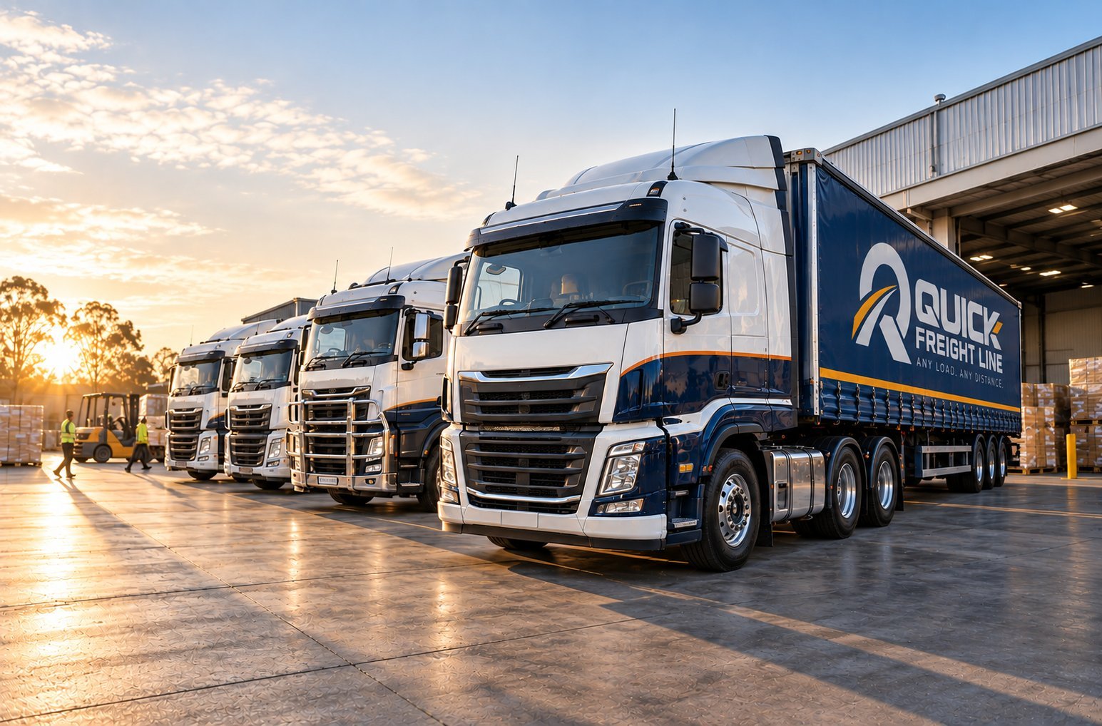 Quick Freight Line trucks lined up at a freight depot at sunrise, ready for the start of a shift
