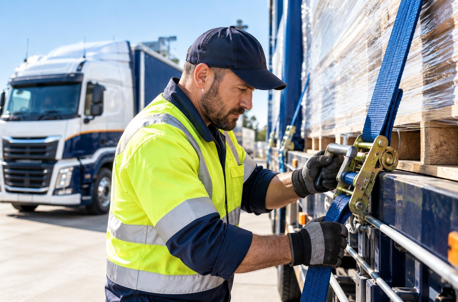 Driver checking load restraint straps before departure