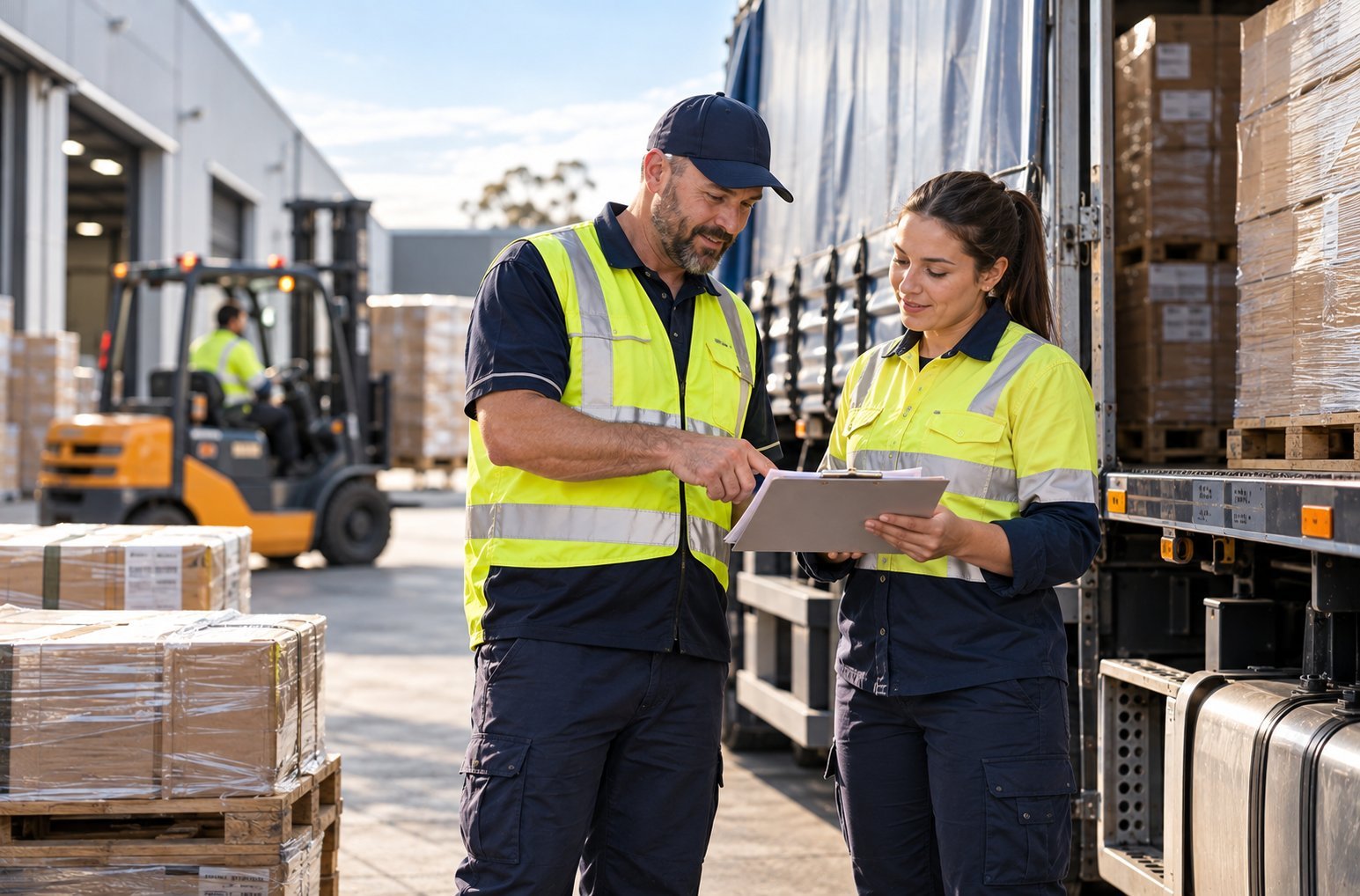 Freight being checked and handed over at a warehouse dock