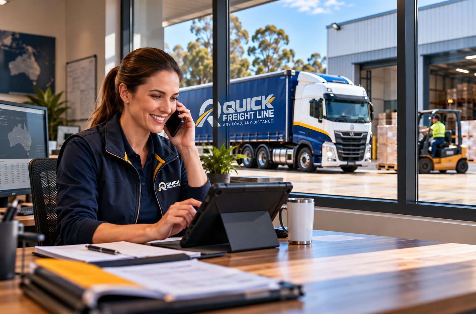 Freight coordinator on the phone at a desk in the Quick Freight Line operations office, with a company truck in the yard outside