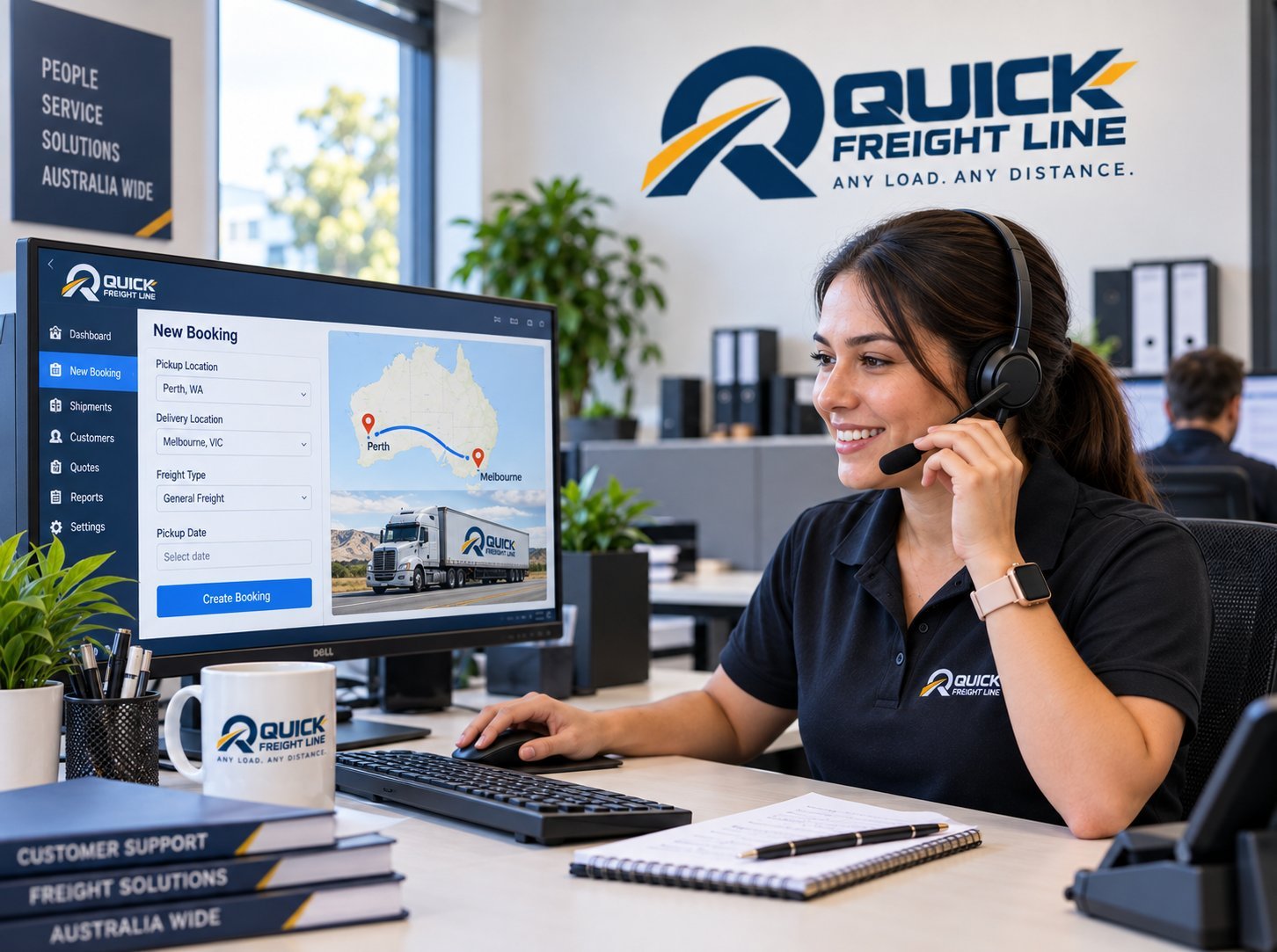 Quick Freight Line customer service team member on a phone call at a desk with a booking screen open on the monitor