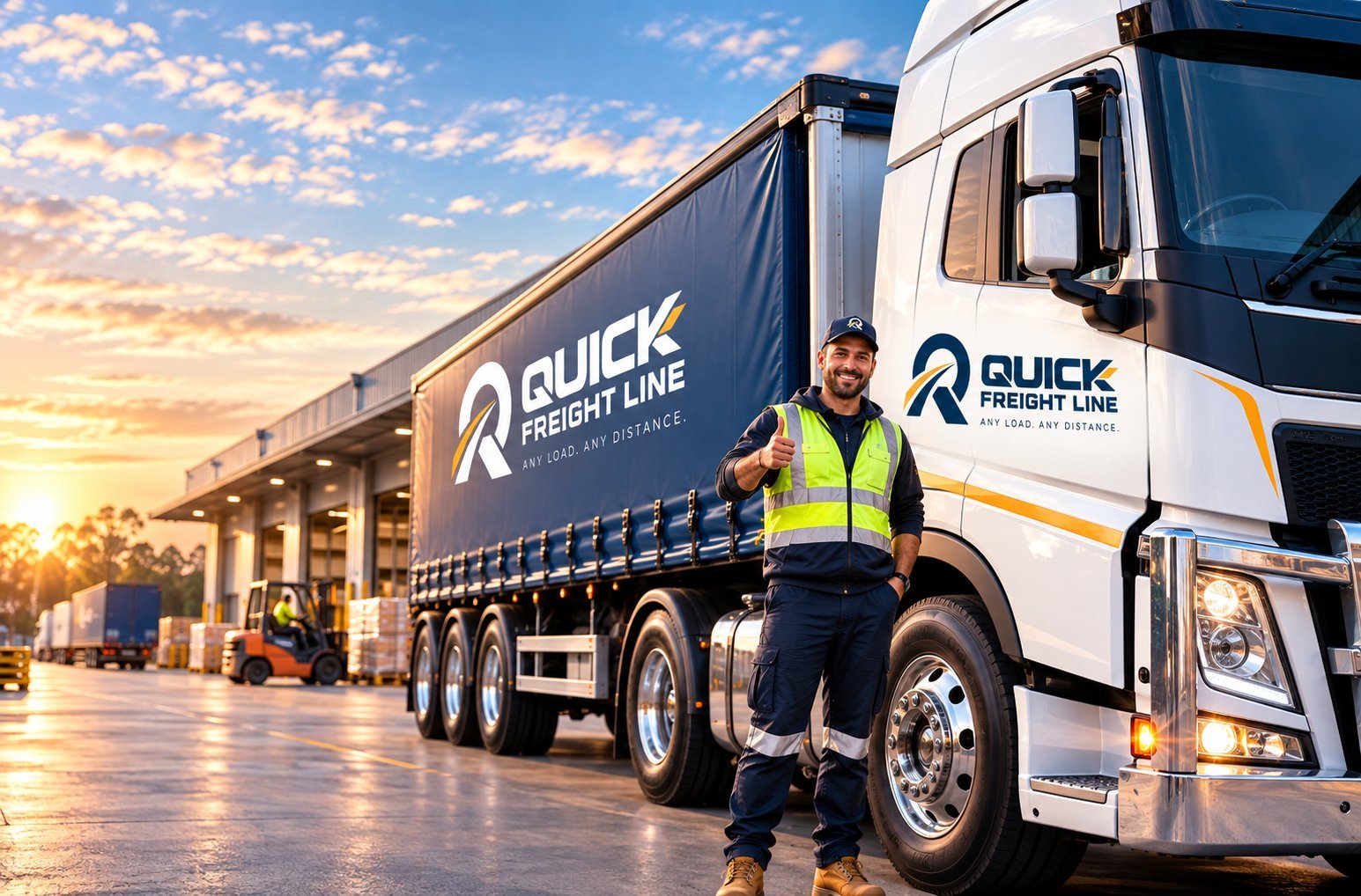 Quick Freight Line prime mover and curtain-side trailer at a depot at sunrise, with a driver in hi-vis standing beside it