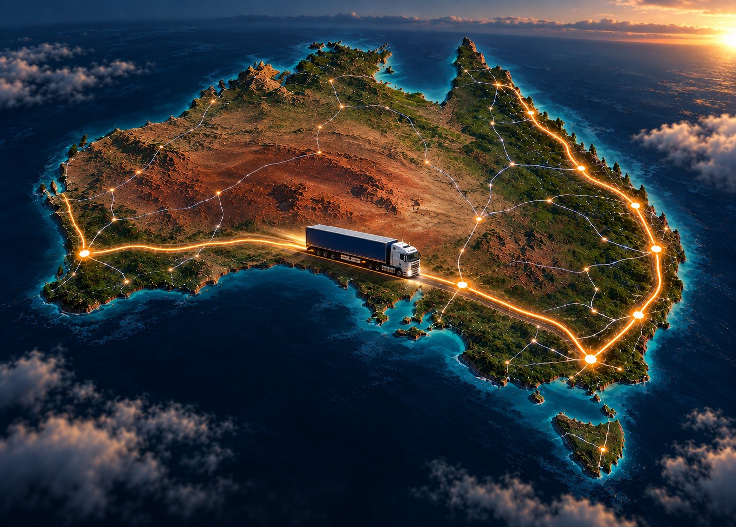 Glowing map of Australia showing freight routes between the capital cities, with a truck travelling the highway