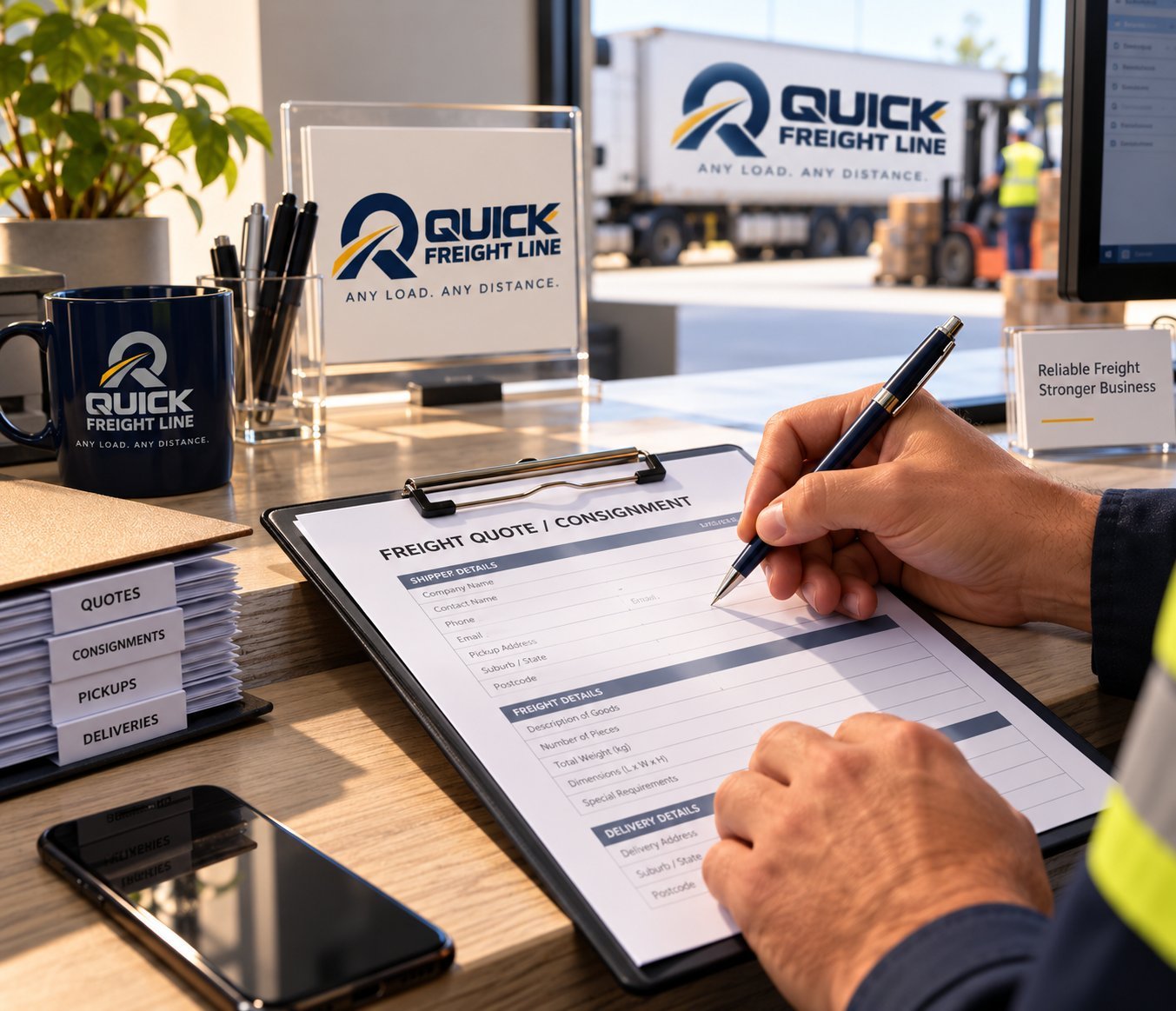 Filling in a freight quote request by hand at a depot desk