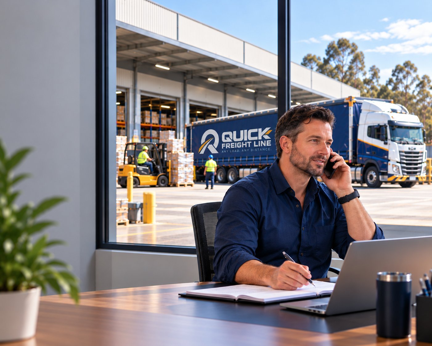 A transport coordinator taking a customer call about a consignment