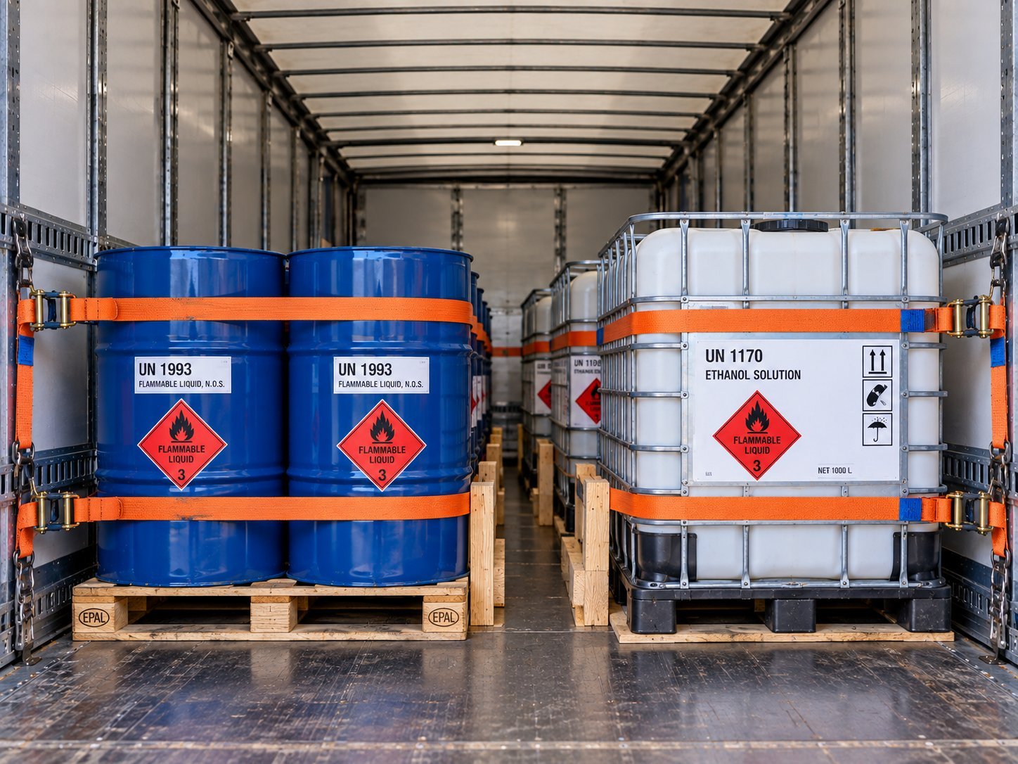 Correctly labelled and restrained drums secured inside a trailer