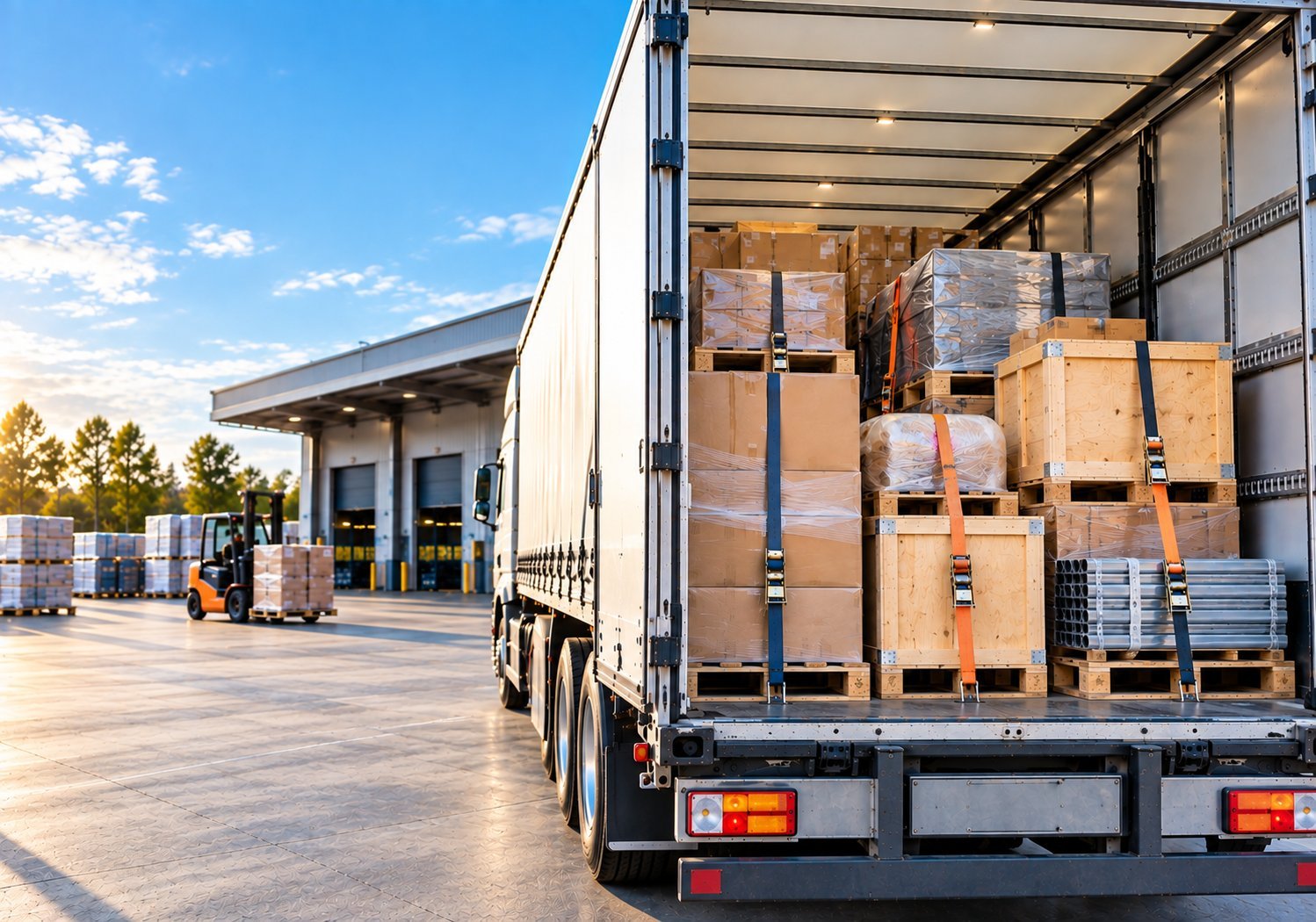 Mixed cartons and crates loaded in a freight trailer