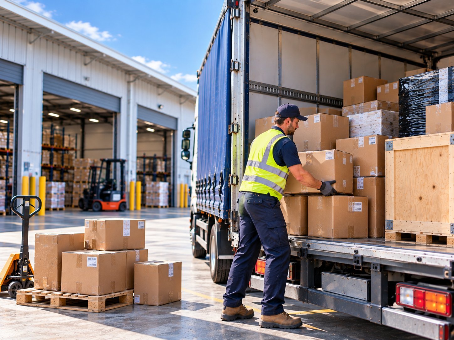 Worker loading loose cartons and a crate into a freight vehicle