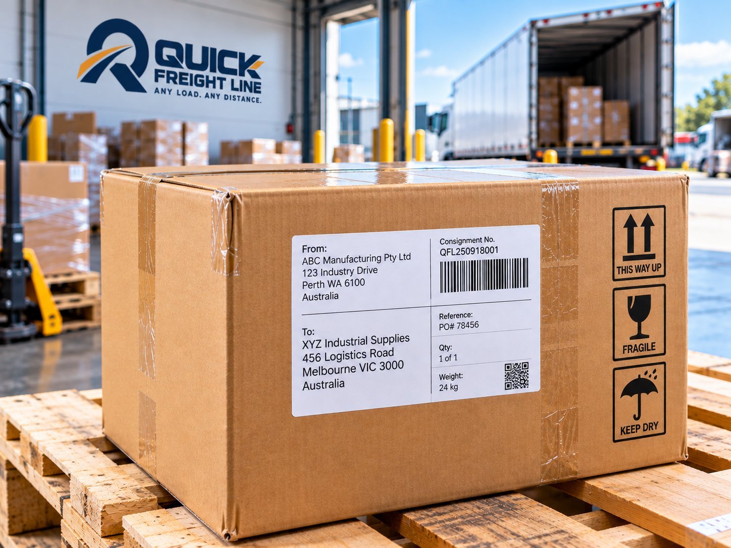 Well-packed, taped and labelled carton ready for freight