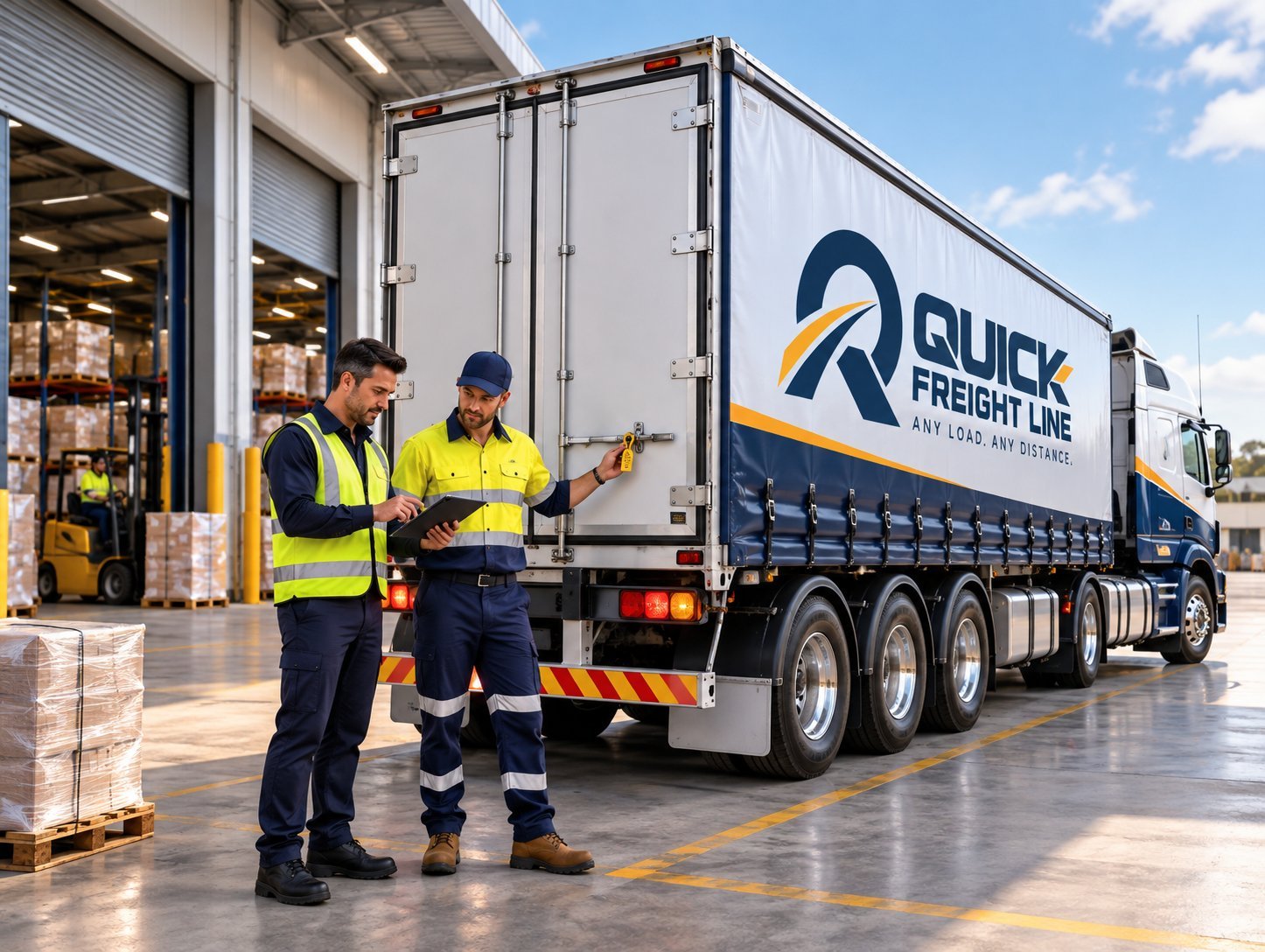 Two freight workers in hi-vis checking a consignment on a tablet beside a Quick Freight Line truck at a depot