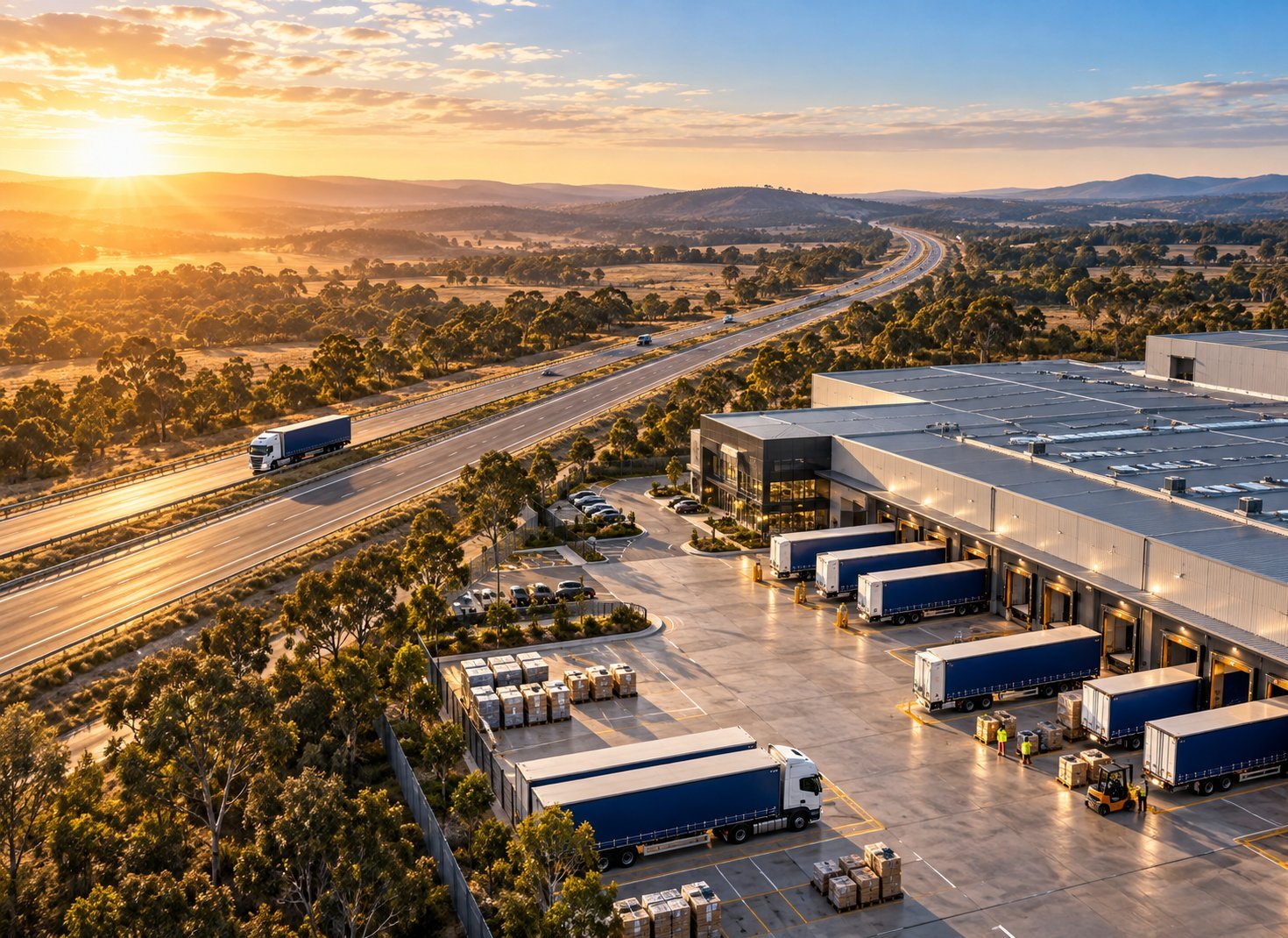 Aerial view of an interstate highway at sunset beside a freight depot with trucks at the loading bays