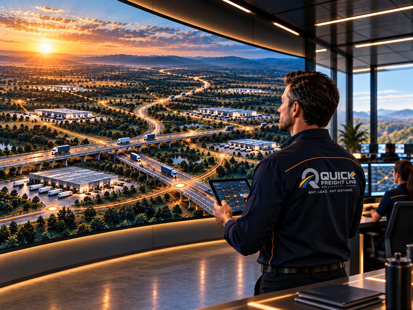 Freight coordinator in an operations centre overlooking a highway interchange and city lights at dusk