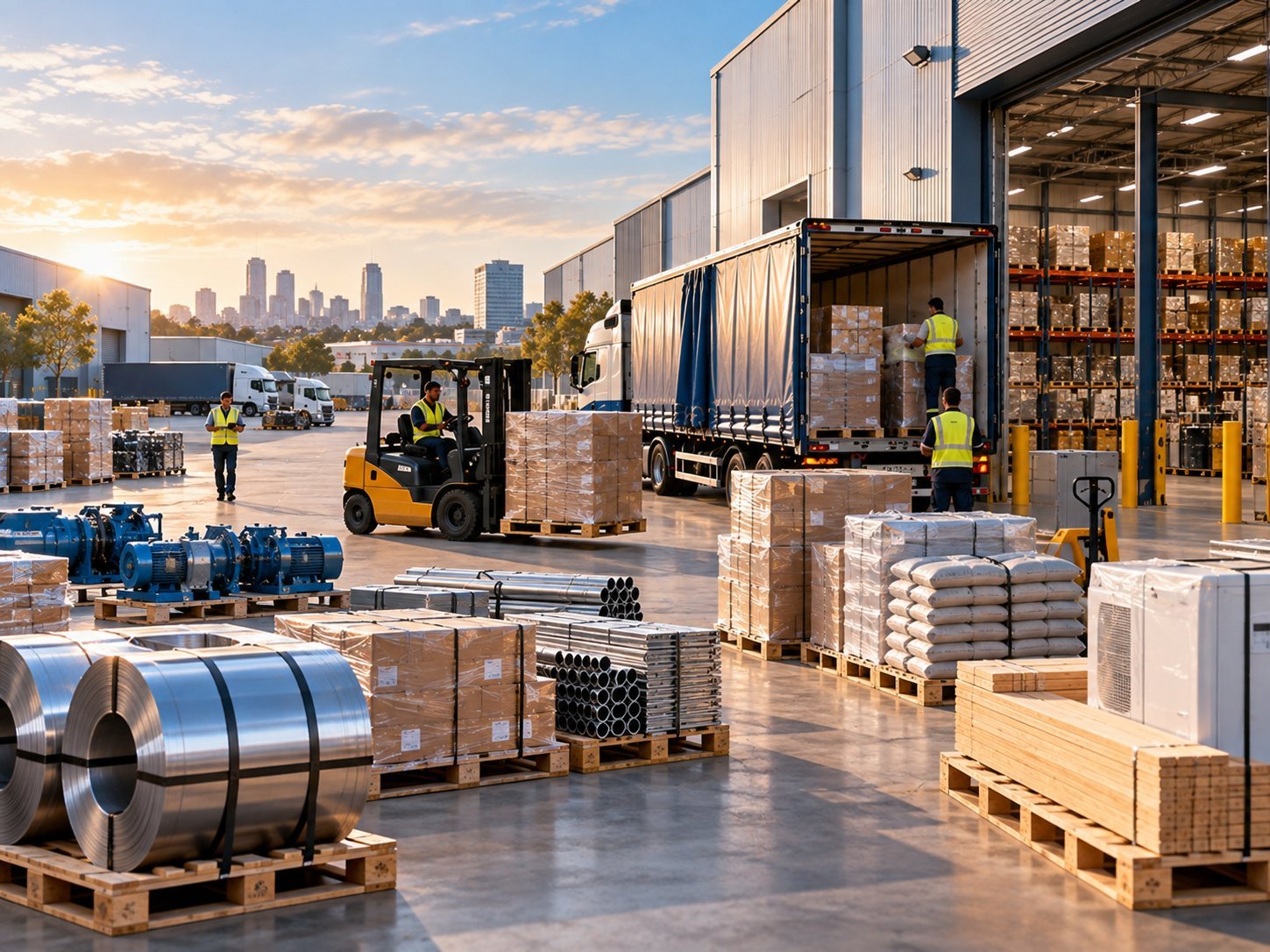 Pallets and steel coils staged in a distribution yard ready for interstate dispatch