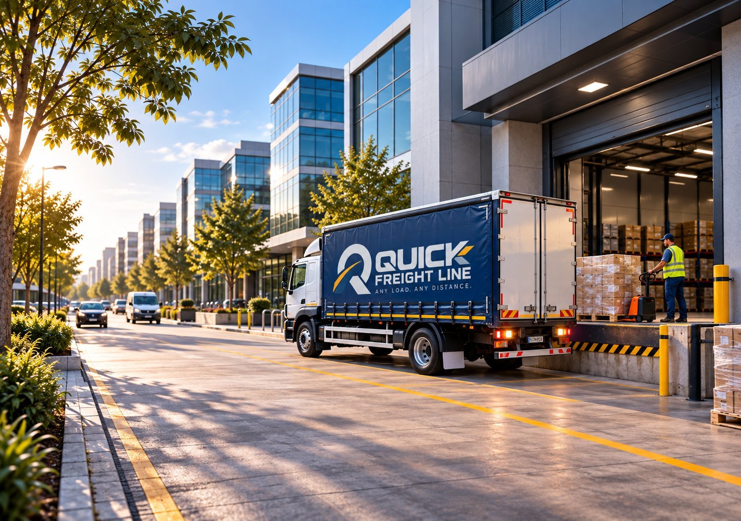 Quick Freight Line rigid delivery truck at an urban loading dock on a city street