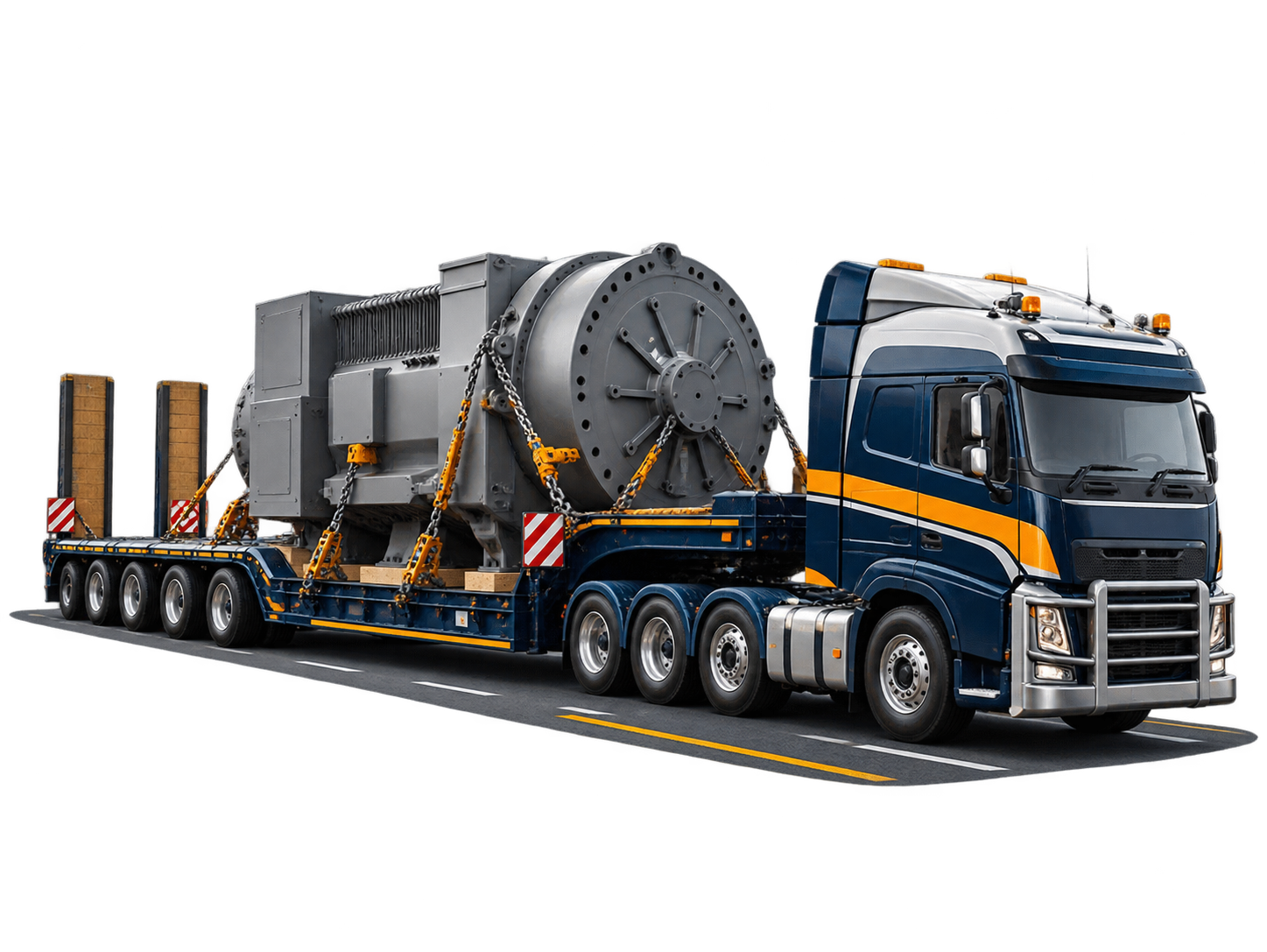 Low-loader truck carrying oversized heavy machinery