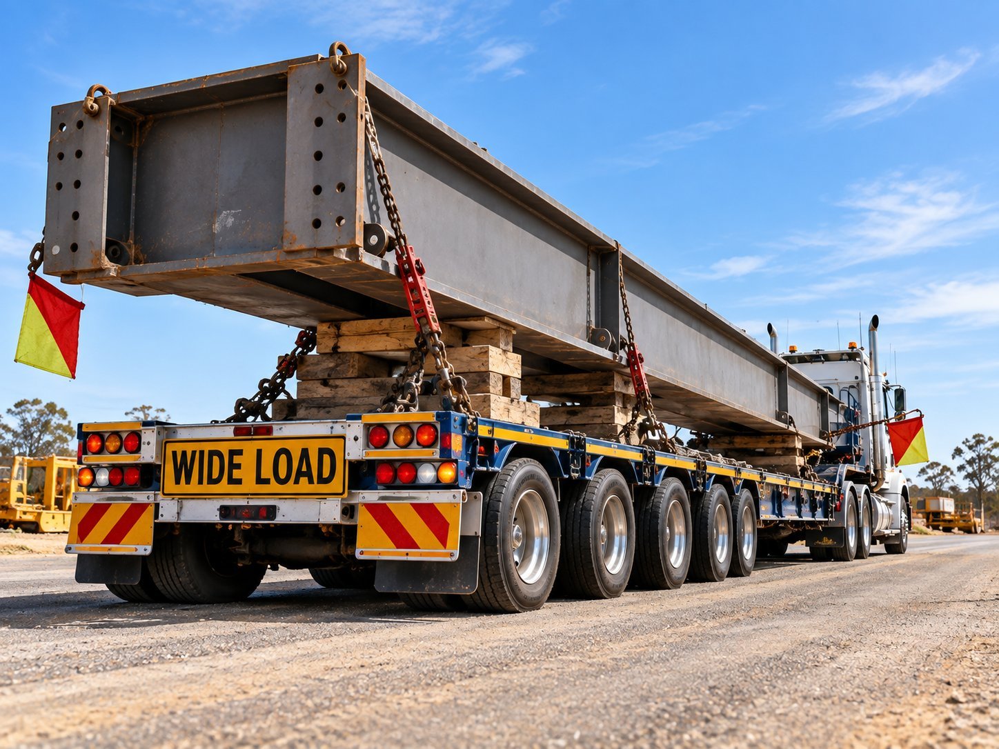 Long steel beam carried on a multi-axle trailer with a wide load sign, illustrating oversized dimension and mass limits