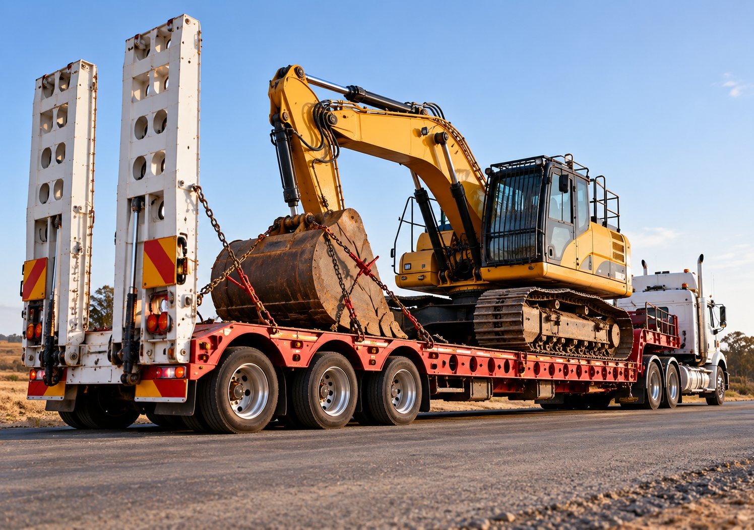 Heavy machinery secured on a low-loader trailer