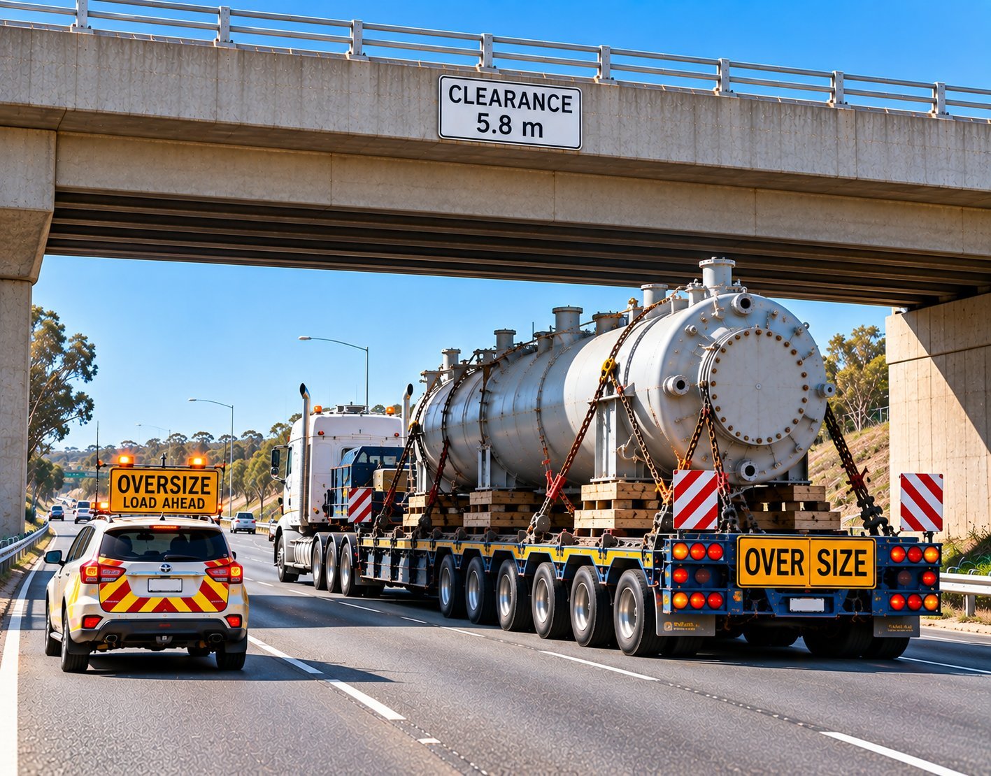 Oversized load approaching a bridge, illustrating clearance and route planning
