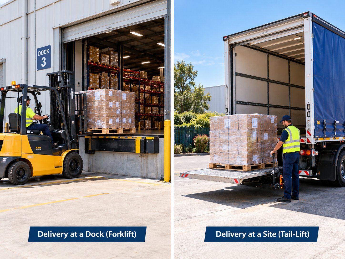 Dock forklift unloading compared with a tail-lift delivery at a site with no forklift