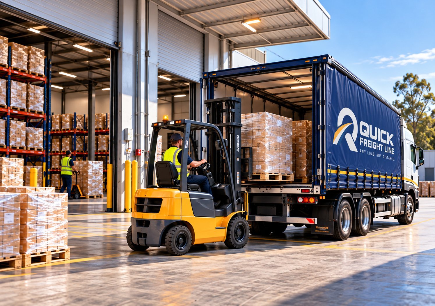 Forklift loading shrink-wrapped pallets into a trailer
