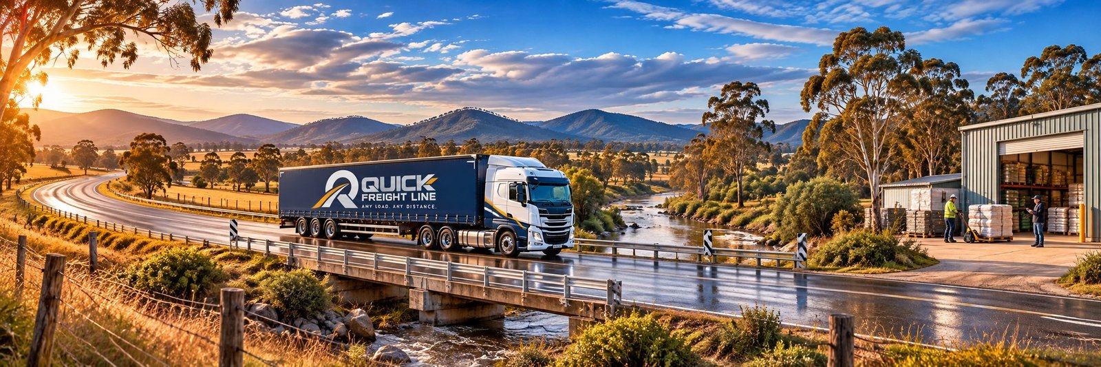 Quick Freight Line truck crossing a low bridge over a creek on a regional road, with paddocks and hills beyond