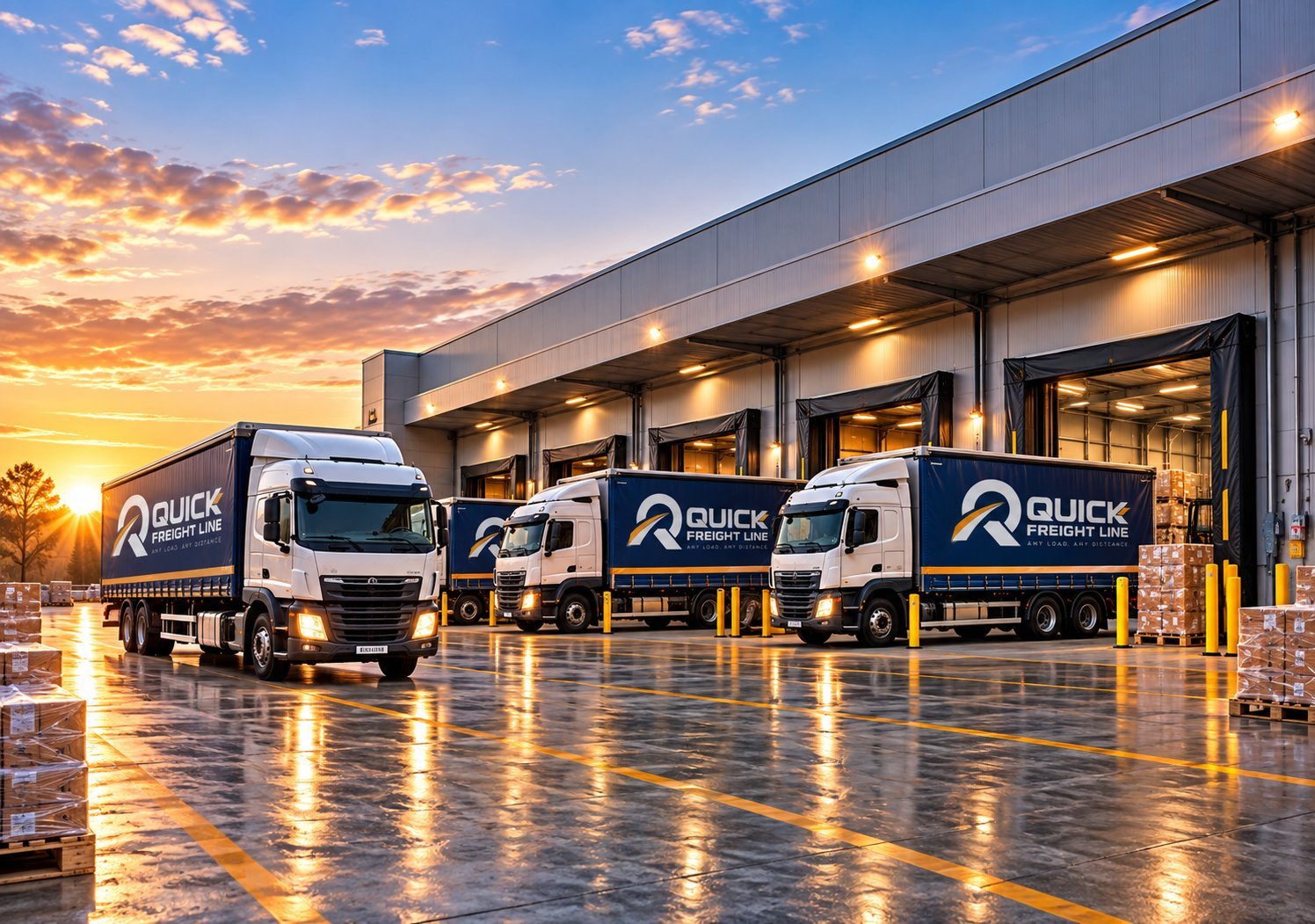 Trucks lined up at depot bays ready for scheduled departures