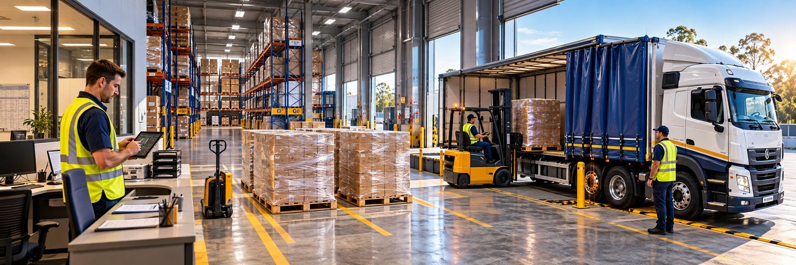 Dispatcher at a depot desk with a loaded truck and forklift in the warehouse behind