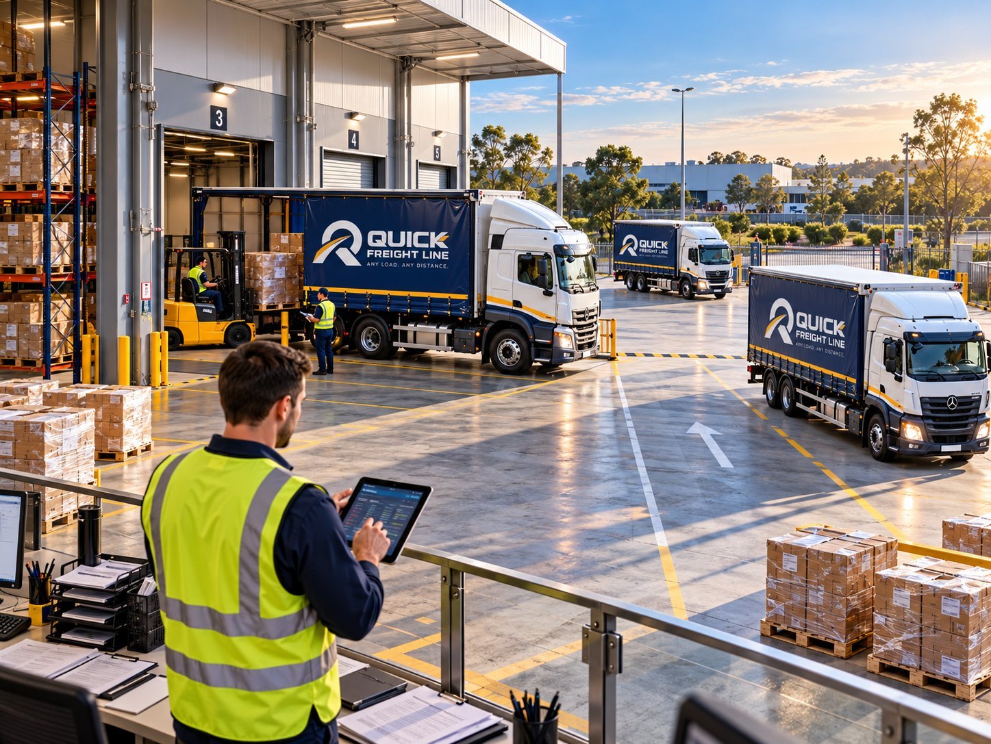 Dispatcher with a tablet overlooking depot trucks while deciding how to allocate a run