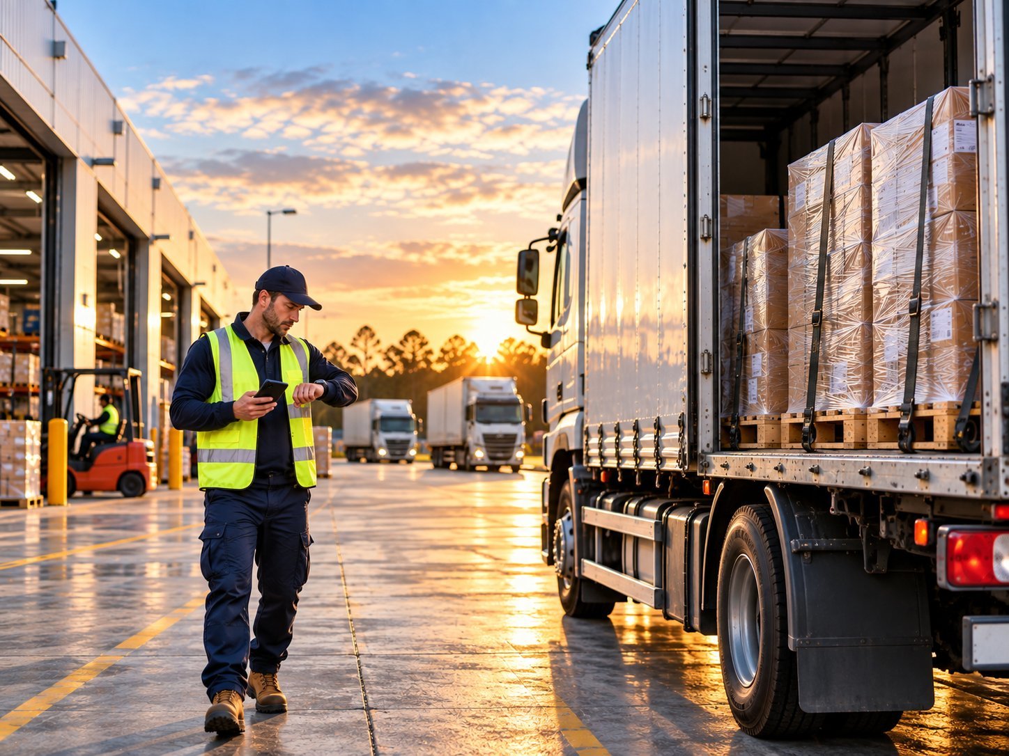 Driver in hi-vis walking beside a loaded truck at sunset, ready for an urgent departure