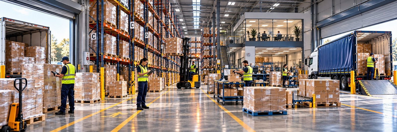 Warehouse racking with bulk pallets stored and smaller cartons picked for dispatch