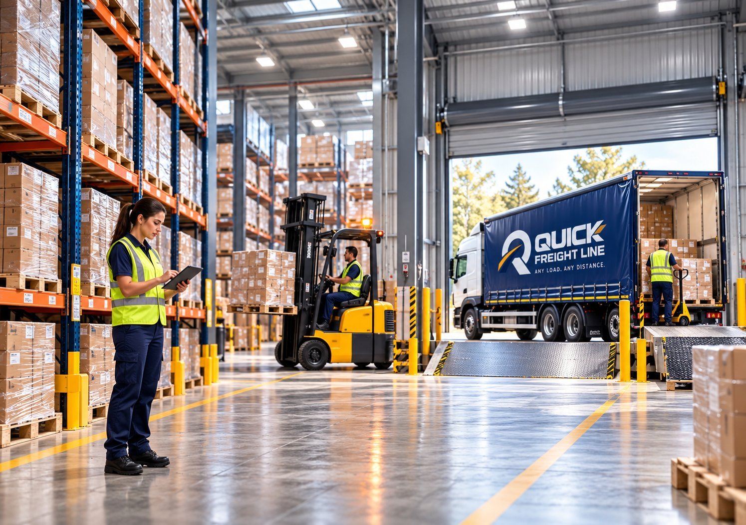 Racked pallets in a distribution warehouse