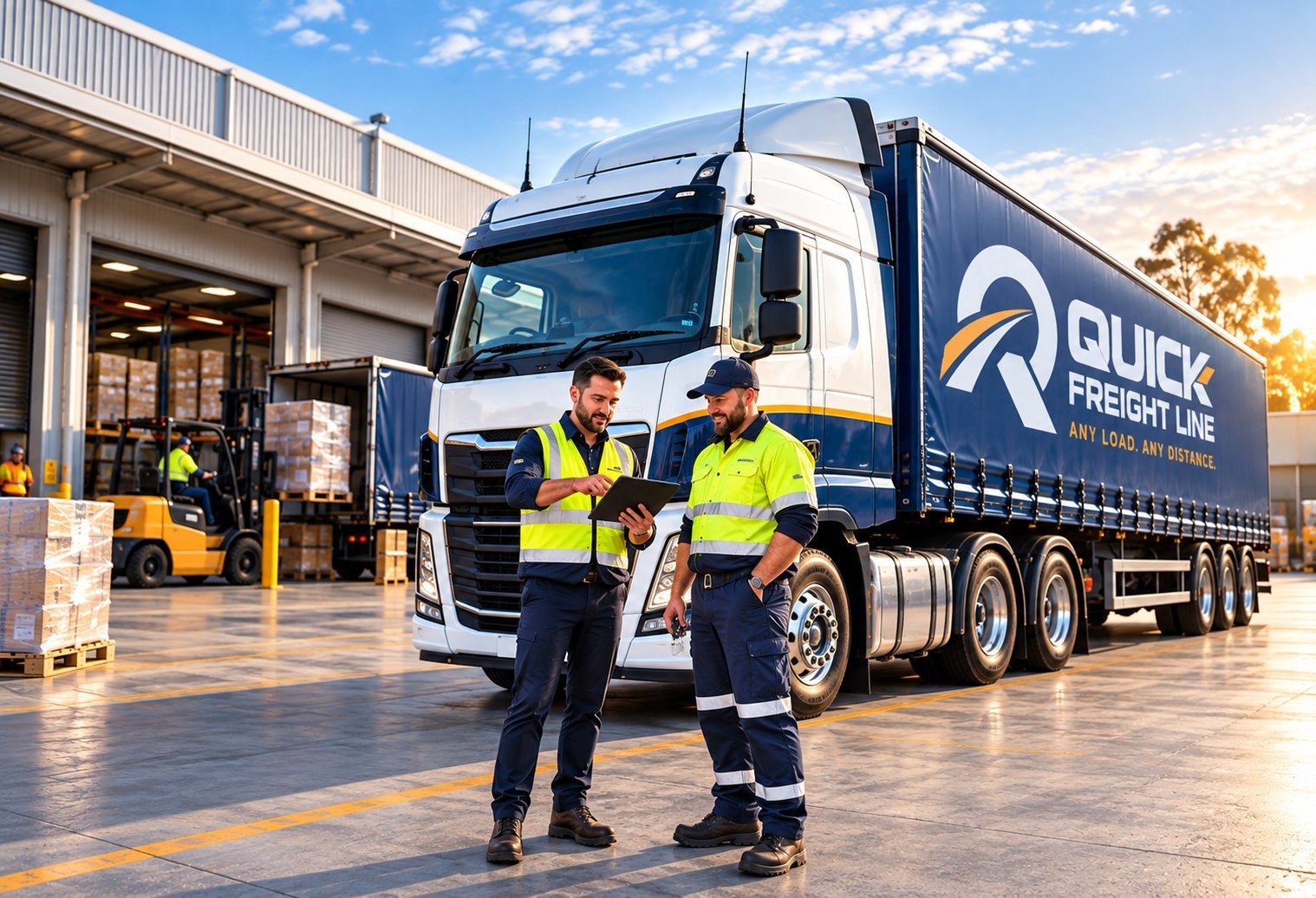 Quick Freight Line truck at a depot with two drivers in hi-vis talking in front of it