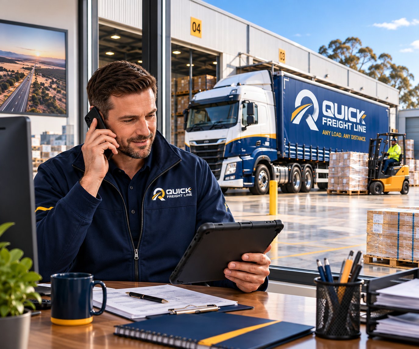 Freight operations coordinator on the phone at a desk with a tablet, a company truck outside