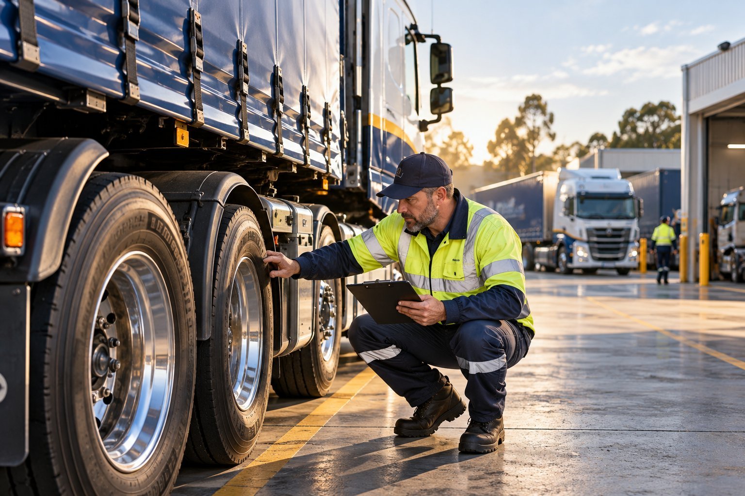 Driver completing a pre-trip vehicle safety inspection